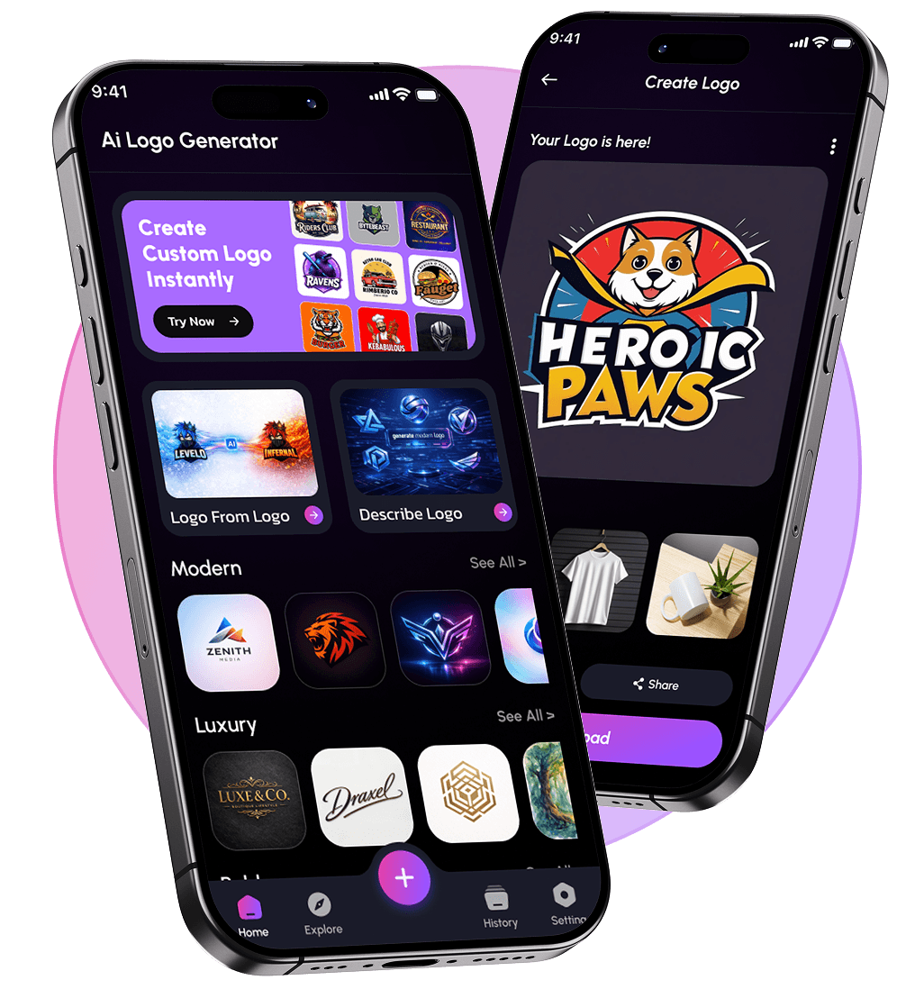 AI logo generator preview with branding tools and logo examples