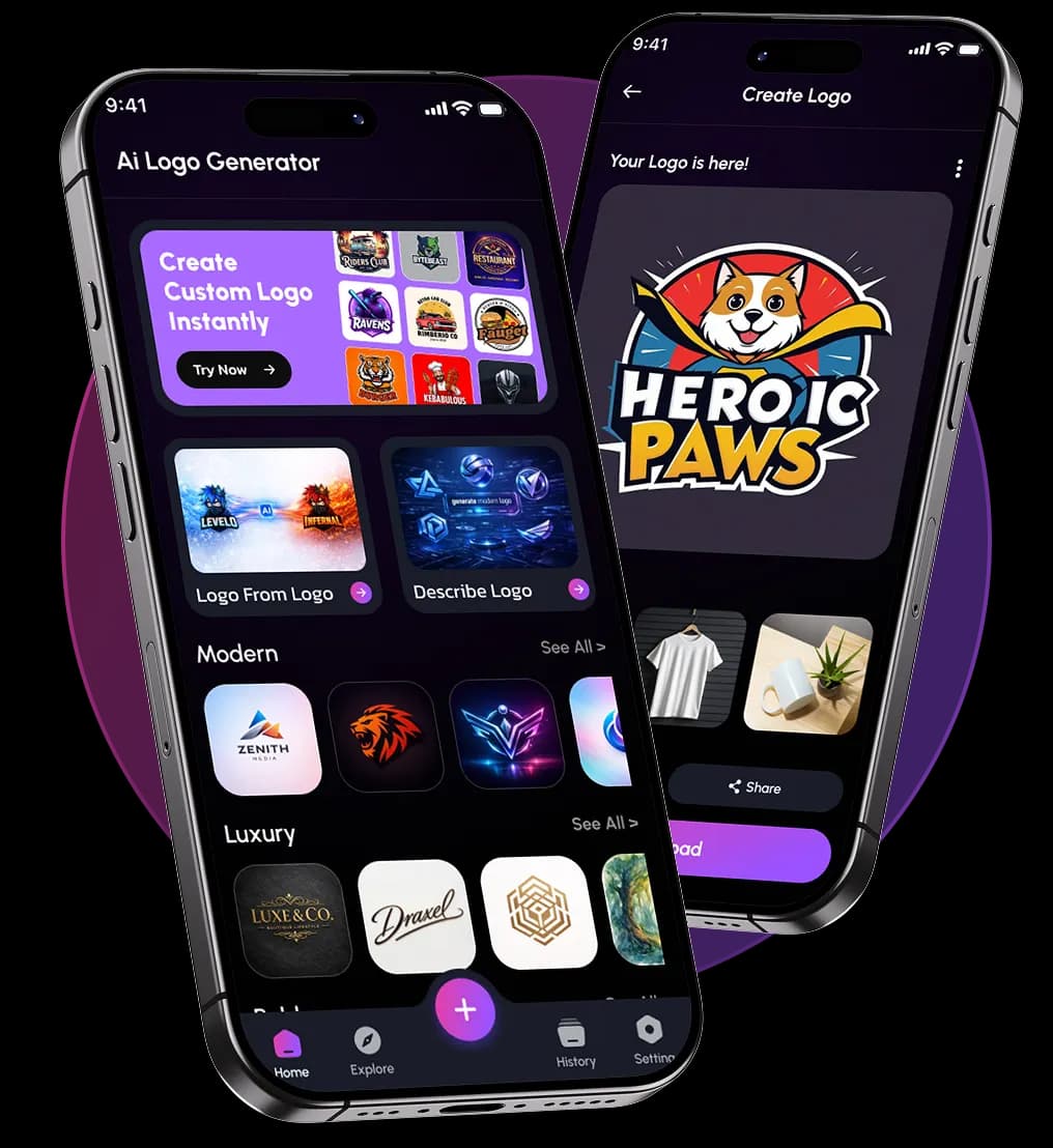 AI logo generator preview with branding tools and logo examples